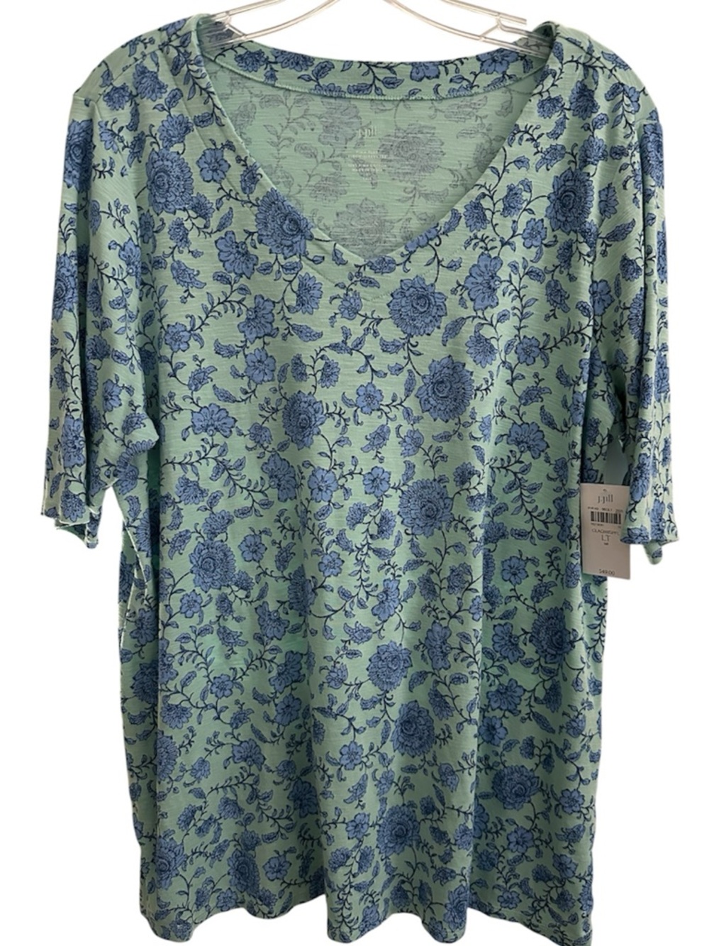J. Jill Pima Slub Cotton Elbow Sleeve Green Blue Floral V-Neck Tunic LT NWT